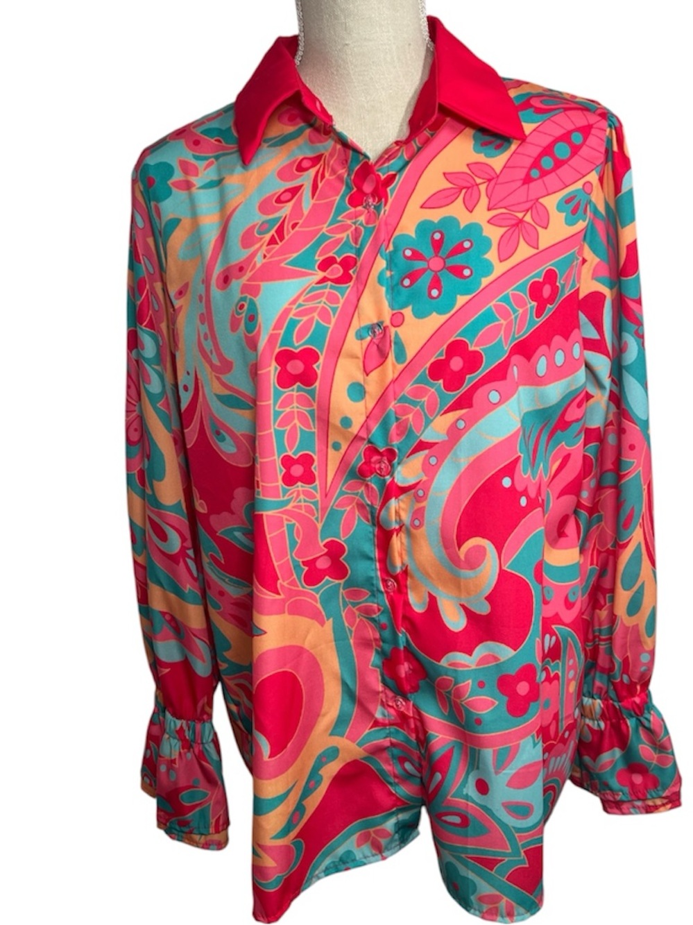 NWT CherryBetty  Pink/Blue Paisley Floral Button Down Blouse Size XL